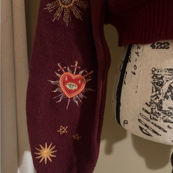 Embroidered Burgundy Cardigan Sweater - Picture 3 of 5
